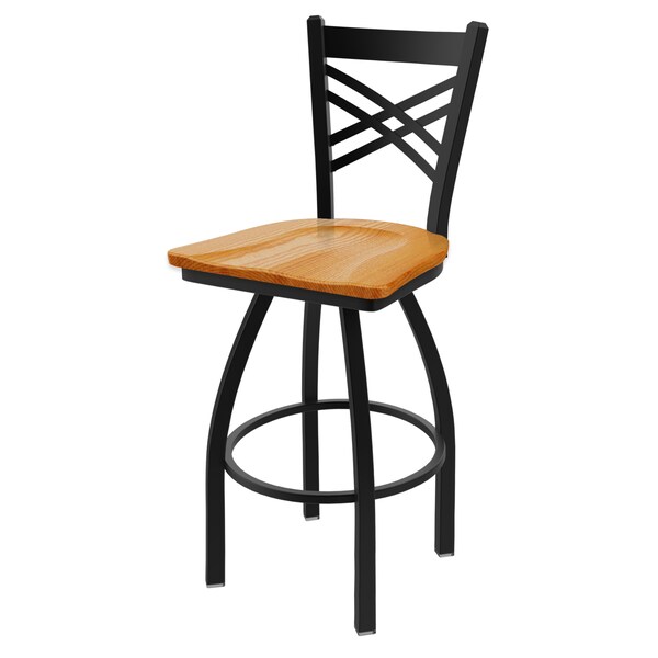 25" Swivel Counter Stool, Black Wrinkle, Med Oak Seat